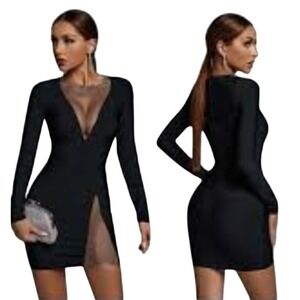Bella Barnette Long Sleeve Mini Bodycon Dress Deep V Neck Black,  Large